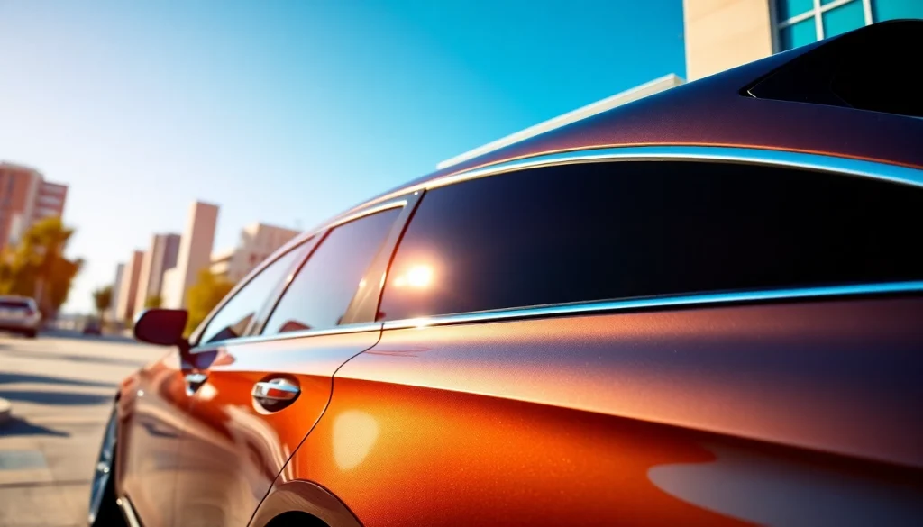 Ceramic window tint enhancing a car's appearance with a modern building in the background.