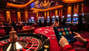 Players engaging with games at mm88 com, including roulette and poker in a luxurious casino setting.