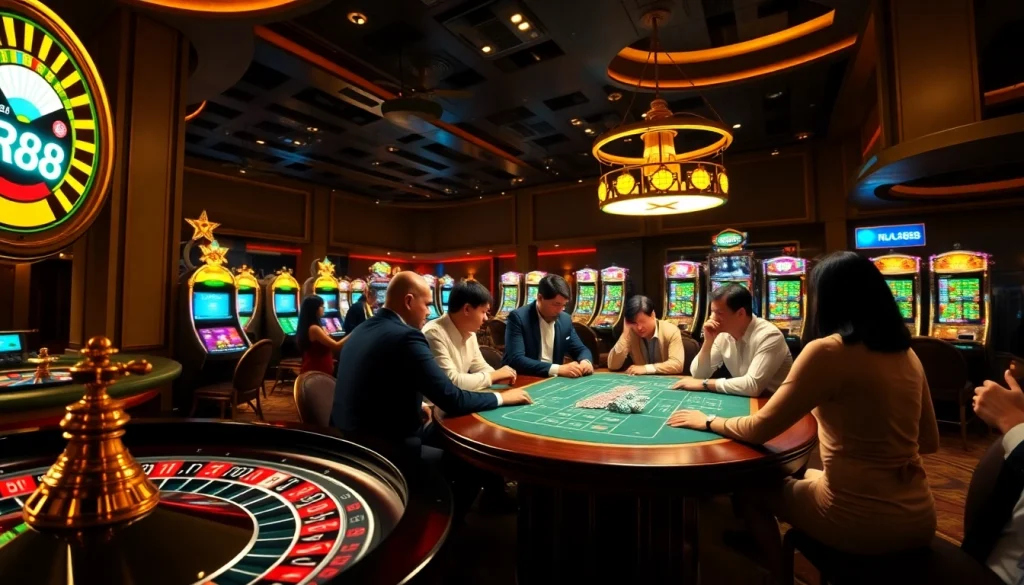 Players enjoying exciting casino games at RR88, featuring roulette and poker chips.