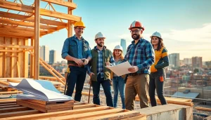 Construction association Denver workers collaborating on a vibrant building site with tools and blueprints.