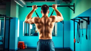 Person using pull-up assist bands in a bright gym, showcasing dynamic fitness.