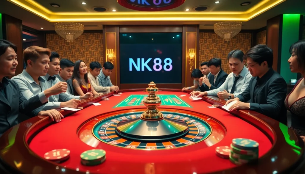 Experience the thrill of NK88 at a glamorous roulette table surrounded by enthusiastic players.