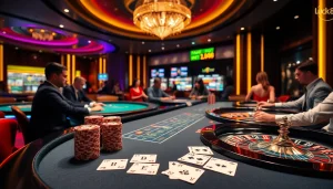 Engaging casino scene with excitement and luxury at nhà cái luck8 featuring poker chips, cards, and roulette.
