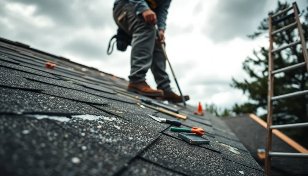 Inspecting a damaged by wind and hail roof with visible impacts and granules.