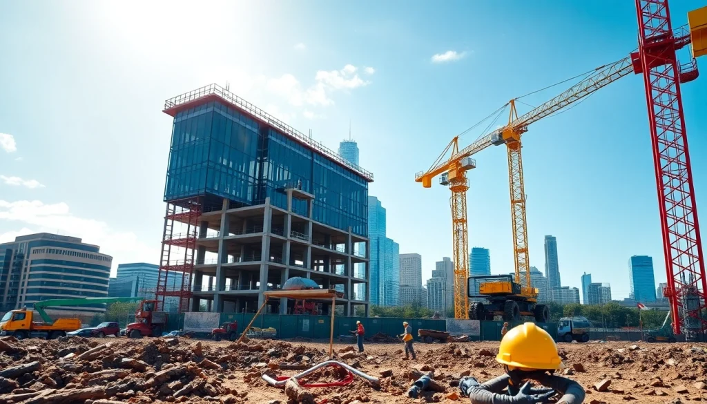 Austin construction site bustling with workers and cranes, showcasing active development.