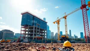 Austin construction site bustling with workers and cranes, showcasing active development.