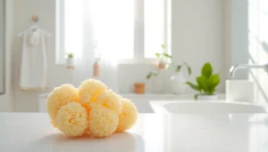 Best silicone loofah showcasing vibrant texture on a marble countertop in a sunny bathroom.