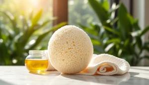 Using a makeup remover loofah for gentle cleansing on a serene marble countertop.