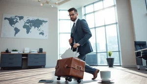 Business traveler preparing for a 출장 in a modern office setting with sleek design.