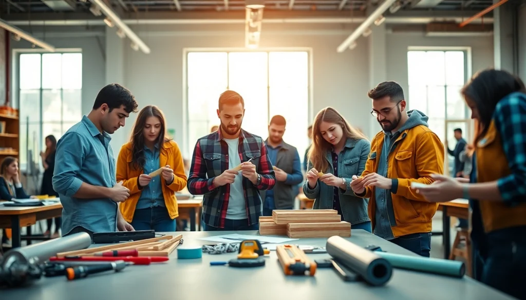 Students actively engaging in construction classes with hands-on projects in a bright classroom.