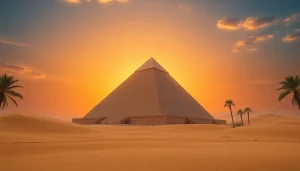 View of the pyramid in the Egyptian desert showcasing its grandeur at sunset.
