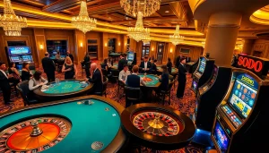 SODO CASINO players enjoying poker and roulette in a luxurious, vibrant casino setting.