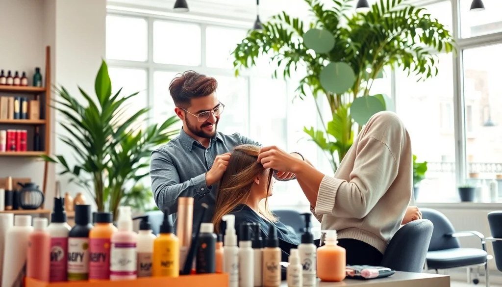 Hairstylist Craiova oferind tunsori trendy clientelor intr-un mediu modern.