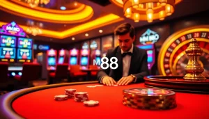 Experience the thrill of gambling at MM88 with an elegant poker game and vibrant casino elements.
