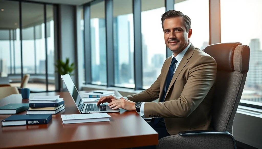 A dedicated intellectual property lawyer reviewing legal documents in an inviting office environment.