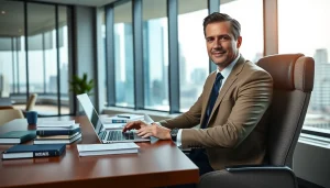 A dedicated intellectual property lawyer reviewing legal documents in an inviting office environment.
