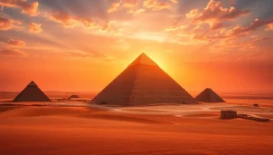 View of pyraminds at sunset showcasing their grandeur and historical importance.