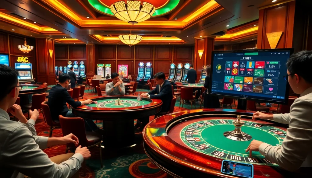Experience excitement at F8BET with lively poker and roulette games in a luxurious casino setting.