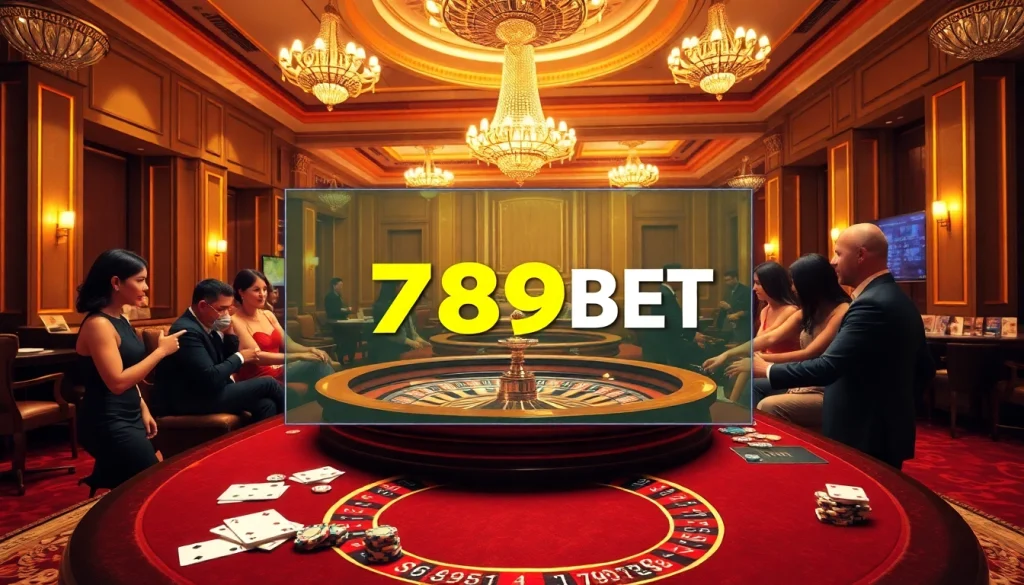 Excited gamblers betting at a roulette table in a luxury casino environment featuring 789BET.