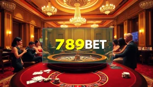 Excited gamblers betting at a roulette table in a luxury casino environment featuring 789BET.