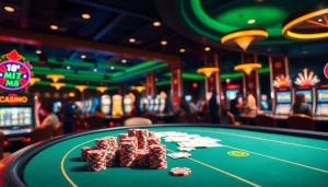 Players enjoying MK8 casino games at a vibrant poker table, filled with chips and cards.