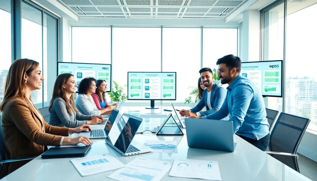 现代办公环境中，专业人士使用 WPS Office 软件进行 WPS 下载的场景。