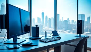 zirvegrupbilgisayar teknolojik bir ofis seti ile modern çalışma alanını vurguluyor