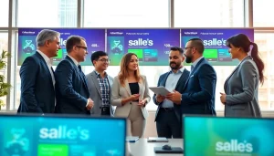 Recruiters discussing where to post sales jobs in a modern office setting.