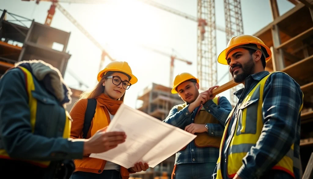 People engaged in a construction career, showcasing teamwork and industry focus on a bustling site.