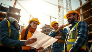 People engaged in a construction career, showcasing teamwork and industry focus on a bustling site.