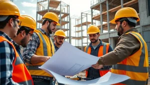 Collaborating professionals showing Careers in construction on a dynamic worksite with blueprints.