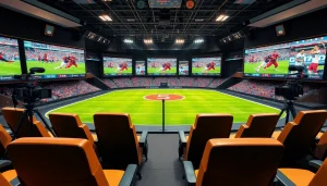 Engaging scene of sports broadcasting with dynamic studio setup displaying live events.