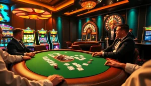 Experience the thrill of onicplay at a luxurious poker table with vibrant slot machines and professional dealers.