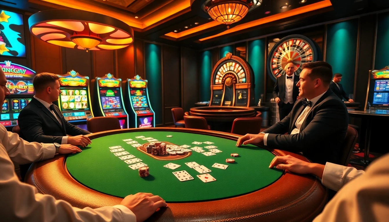 Experience the thrill of onicplay at a luxurious poker table with vibrant slot machines and professional dealers.