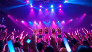 Blackpink news highlighting the vibrant concert performance of BLACKPINK in a lively crowd.