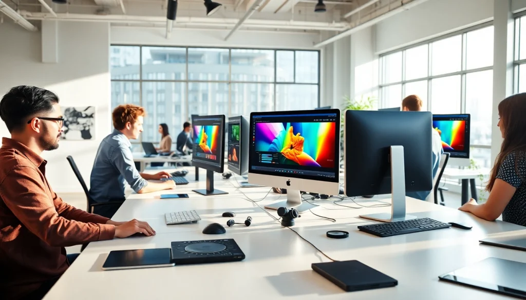 Engaged team at https://www.pnmmedia.com collaborating on digital media projects in a bright workspace.