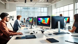 Engaged team at https://www.pnmmedia.com collaborating on digital media projects in a bright workspace.