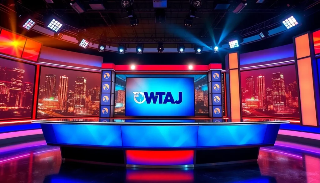 WTAJ news studio with modern broadcast desk and vibrant lighting creating an engaging atmosphere.