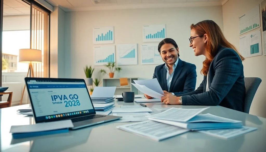 Consultation about IPVA GO 2026 tax schedule in a modern office setting.