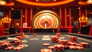 Rasakan sensasi Datuk Win di meja poker kasino mewah dengan chip berwarna cerah dan kartu kemenangan.