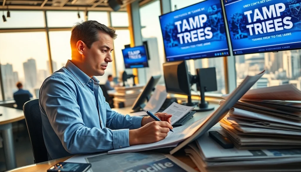 Tampa Free Press journalist composing articles at a lively news desk in Tampa.