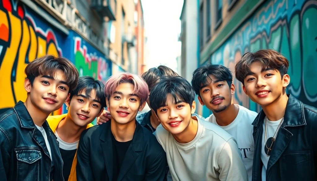 BTS members posing energetically against an urban backdrop, showcasing their distinct styles.