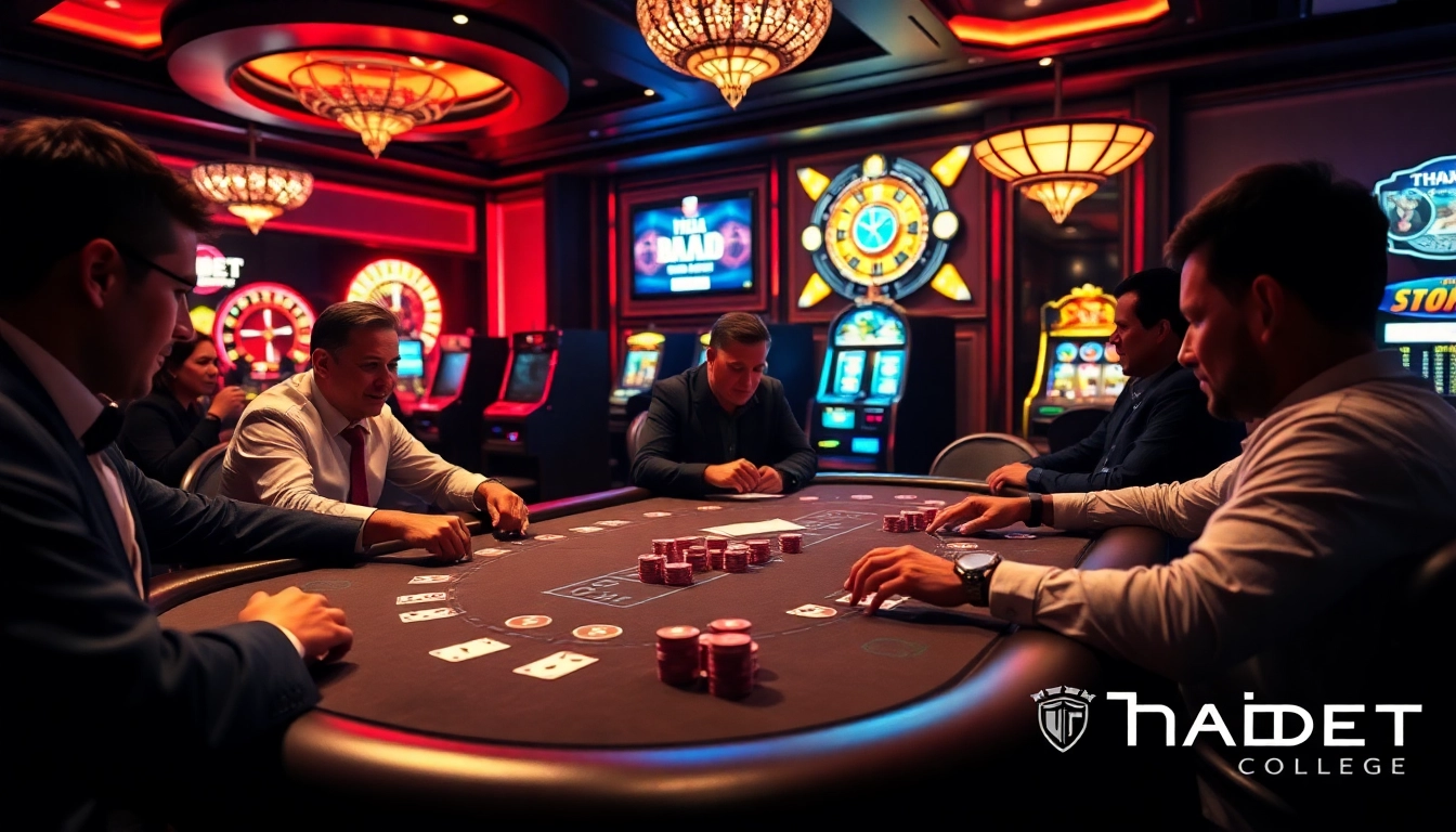 A thrilling poker game at Thabet College casino, showcasing vibrant chips and engaged players.