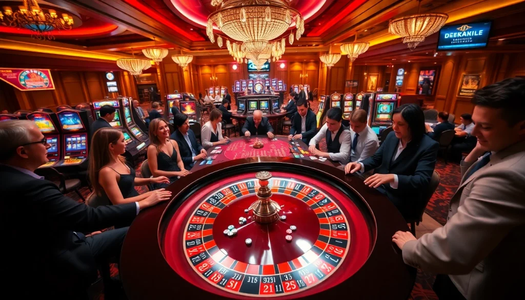 Pemain yang terlibat menikmati pengalaman kasino yang mendebarkan di jmacdonaldphoto.com, menonjolkan elemen roulette dan poker yang penuh warna.