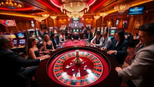 Pemain yang terlibat menikmati pengalaman kasino yang mendebarkan di jmacdonaldphoto.com, menonjolkan elemen roulette dan poker yang penuh warna.