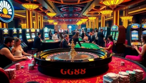 Experience the thrill of GG88 gaming at a vibrant casino with roulette, poker chips, and slot machines.