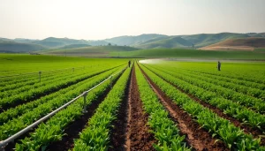 Implementing land irrigation systems to enhance crop growth in a vibrant landscape.