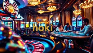 Experience thrilling gameplay at hoki77 with vibrant casino scenes featuring roulette wheels, slot machines, and poker tables.