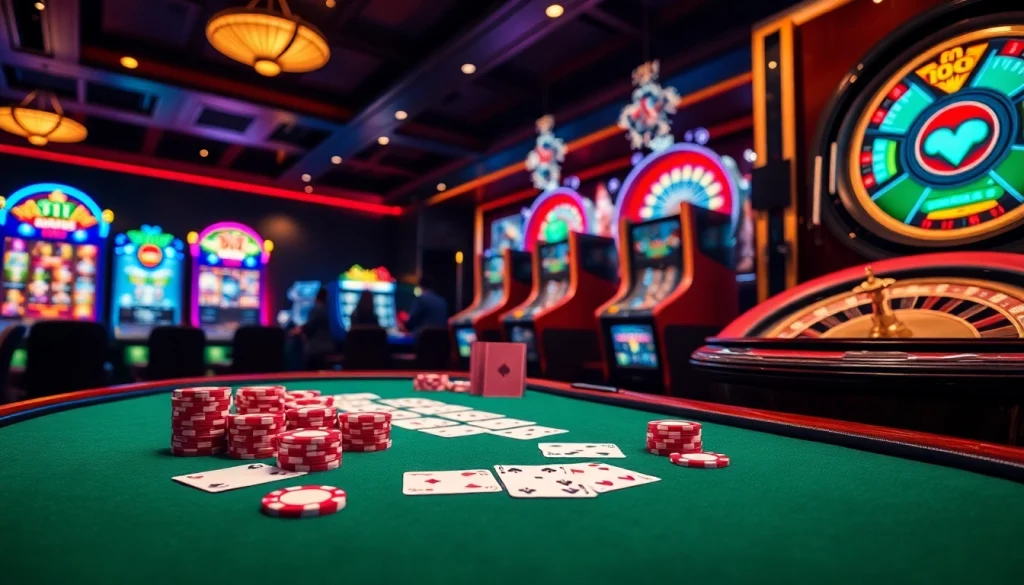 Experience LUCK8 with a luxurious casino ambiance featuring poker chips and vibrant slot machines.