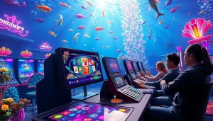 Bắn cá đổi thưởng gaming scene with vibrant underwater visuals and enthusiastic players.